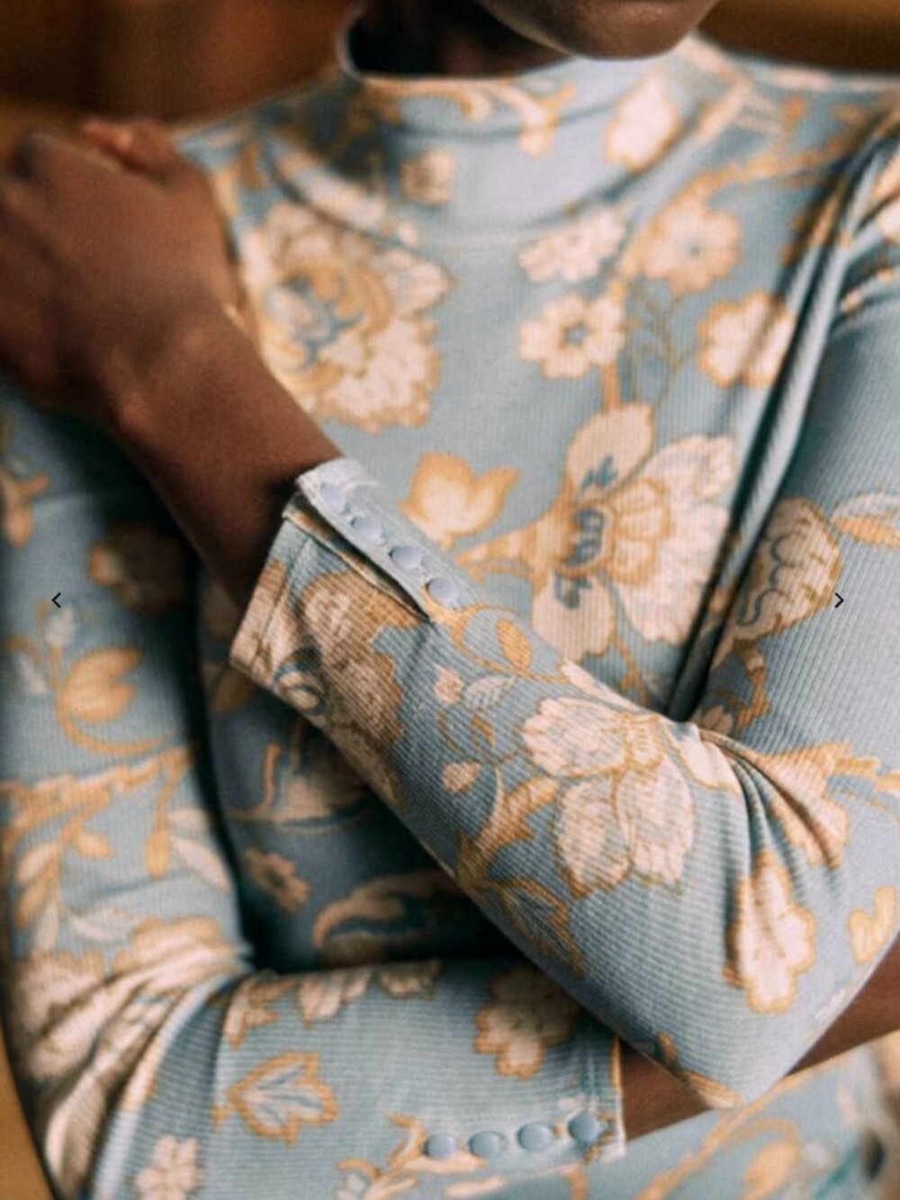 Sezane Felix Shirt in Rama print, Blue Floral Ribbed Mock Neck Long Sleeve Top